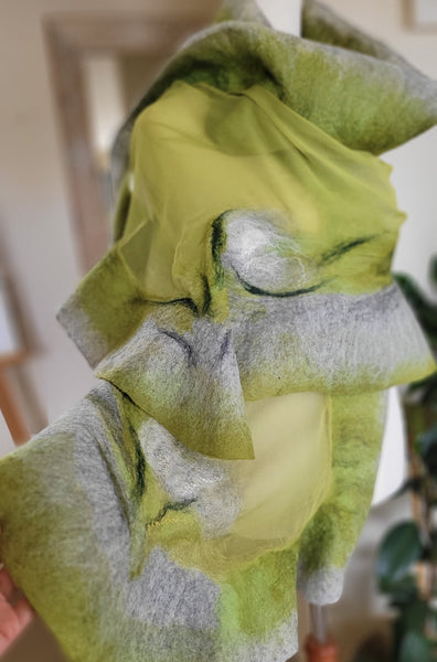 Pistachio Green Silk Shawl – Artistic Merino Wool Wrap on Pure Chiffon Silk, Elegant Lightweight Scarf for Spring Outfit