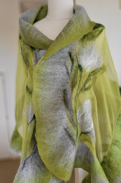 Pistachio Green Silk Shawl – Artistic Merino Wool Wrap on Pure Chiffon Silk, Elegant Lightweight Scarf for Spring Outfit