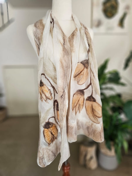 Golden Seeds – Merino Wool & Silk Scarf | Handmade Nuno Felted Wrap