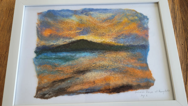 Wool Silk Painting – Ocean Golden Dawn Framed Handmade Wall Art Decor