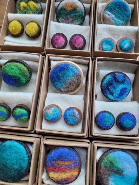 Ocean Landscape in Miniature – Needle Felted Earrings & Brooch. Merino wool on Wooden Base