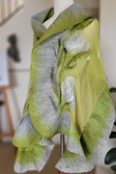 Pistachio Green Silk Shawl – Artistic Merino Wool Wrap on Pure Chiffon Silk, Elegant Lightweight Scarf for Spring Outfit