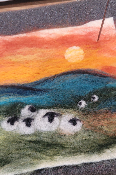 Needle-Felted NZ Landscape - Sheep at Sunset (Framed Art)
