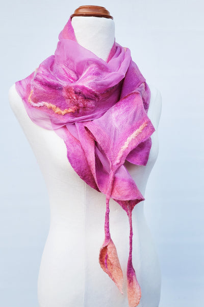 Lightweight Floral Silk Scarf • Merino Wool & Calla Lily Details • Summer Artistic Wrap