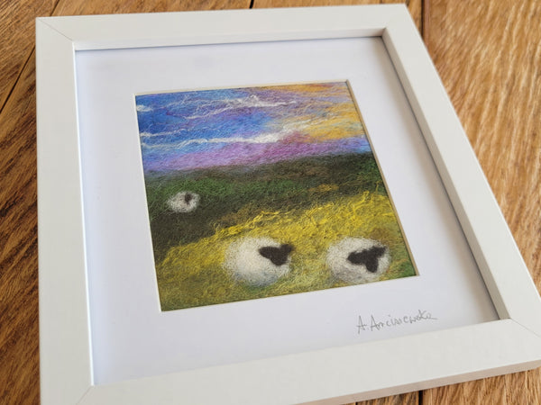 Needle-Felted Mini Landscape – Sheep in Fresh Meadow (Framed Art)
