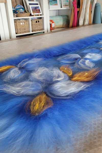 Royal Blue Floral Nuno Felted Shawl – Handmade Merino Wool & Silk Scarf with Golden Accents