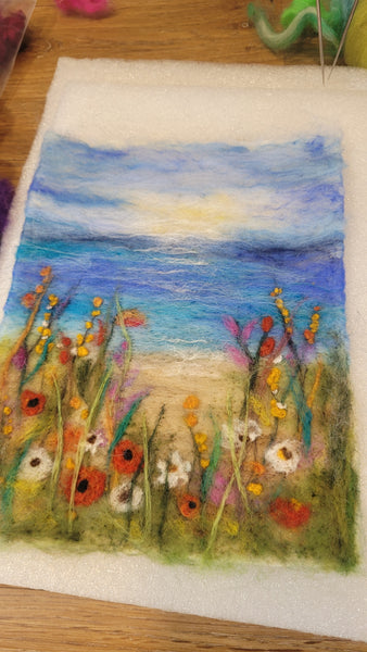 Wool Painting Meadow by the Ocean – Handmade Textile Wall Art with Wildflowers, Coastal Landscape, Framed Fibre Artwork