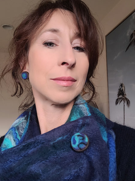 Jewelery Set Inspired by Sea – Needle Felted Earrings & Brooch. Merino wool on Wooden Base