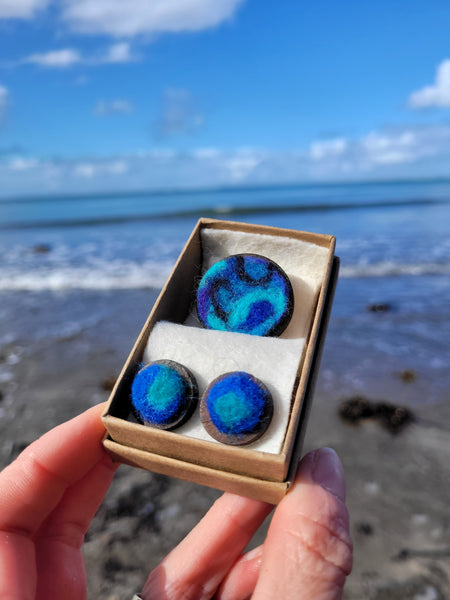 Jewelery Set Inspired by Sea – Needle Felted Earrings & Brooch. Merino wool on Wooden Base
