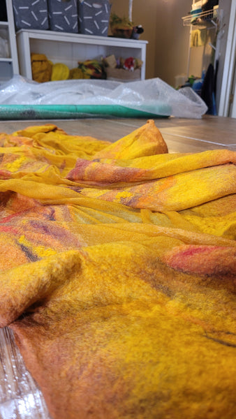 Golden Mustard Shawl – Silk & Merino Wool Wrap, Honey Gold Evening Shawl, Artistic Scarf for Autumn, Spring & Summer