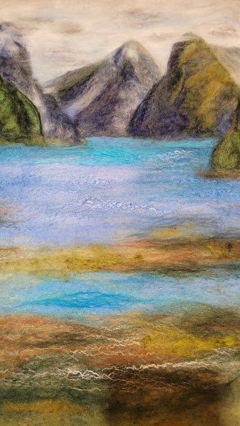 Milford Sound – Wool & Silk Fibre Art | Handmade New Zealand Landscape on Silk Canvas| size 51 x 41 cm!