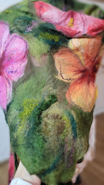 Hibiscus Garden – Merino Wool & Silk Shawl | Handmade Nuno Felted Wrap