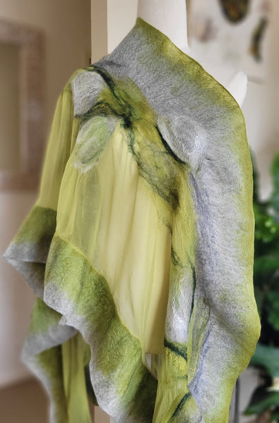 Pistachio Green Silk Shawl – Artistic Merino Wool Wrap on Pure Chiffon Silk, Elegant Lightweight Scarf for Spring Outfit
