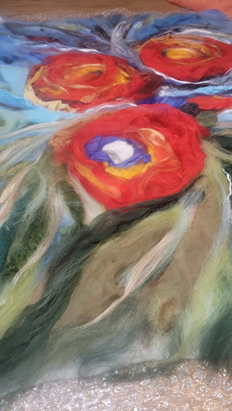 Abstract Floral Wool & Silk Wall Art – Red Bloom Painting, Textured Fiber Statement Piece