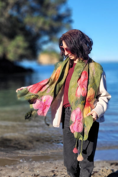 Hibiscus Garden – Merino Wool & Silk Shawl | Handmade Nuno Felted Wrap