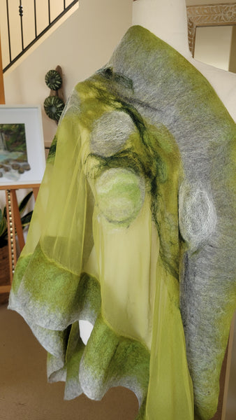Pistachio Green Silk Shawl – Artistic Merino Wool Wrap on Pure Chiffon Silk, Elegant Lightweight Scarf for Spring Outfit