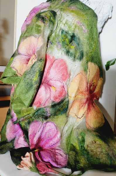 Hibiscus Garden – Merino Wool & Silk Shawl | Handmade Nuno Felted Wrap