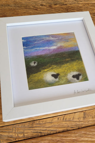 Needle-Felted Mini Landscape – Sheep in Fresh Meadow (Framed Art)