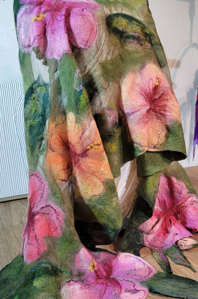 Hibiscus Garden – Merino Wool & Silk Shawl | Handmade Nuno Felted Wrap