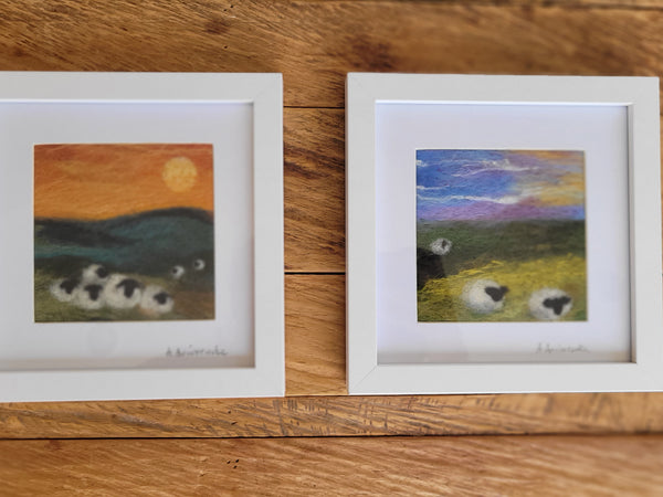 Needle-Felted NZ Landscape - Sheep at Sunset (Framed Art)