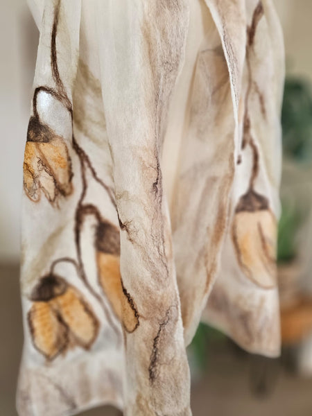 Golden Seeds – Merino Wool & Silk Scarf | Handmade Nuno Felted Wrap