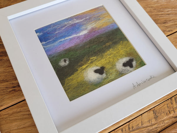 Needle-Felted Mini Landscape – Sheep in Fresh Meadow (Framed Art)