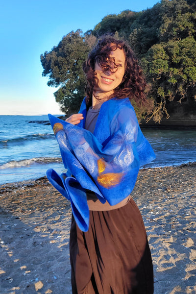 Royal Blue Floral Nuno Felted Shawl – Handmade Merino Wool & Silk Scarf with Golden Accents