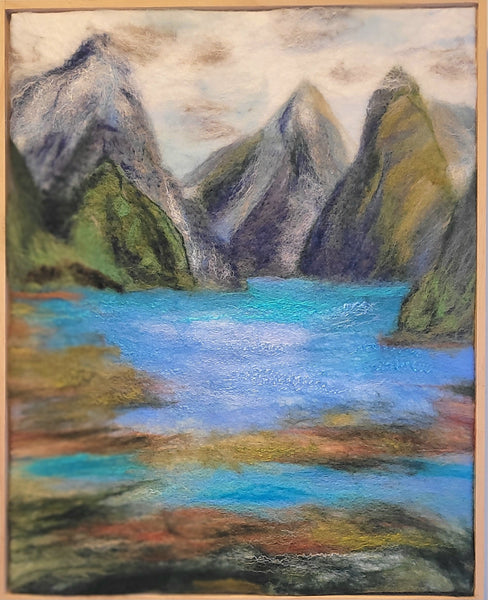 Milford Sound – Wool & Silk Fibre Art | Handmade New Zealand Landscape on Silk Canvas| size 51 x 41 cm!