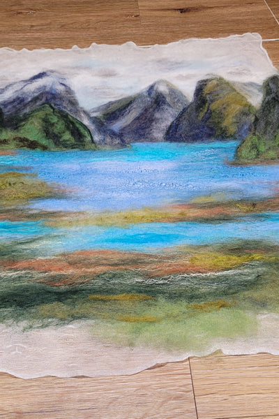 Milford Sound – Wool & Silk Fibre Art | Handmade New Zealand Landscape on Silk Canvas| size 51 x 41 cm!
