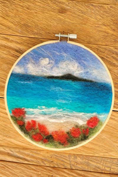 Wool Painting - Needle Felting, Rangitoto and Pohutukawa Bloom Landscape Collection