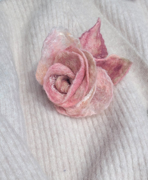 Vintage Rose Brooch – Merino Wool & Silk Flower Pin • Soft Pink Art Brooch