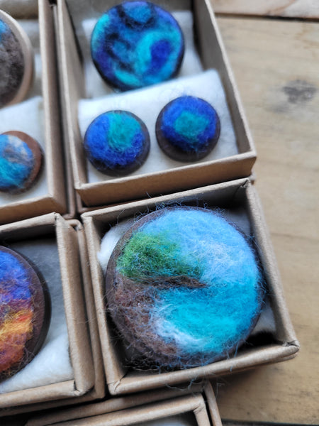 Ocean Landscape in Miniature Needle Felted Brooch – Merino Wool on Wooden Base.