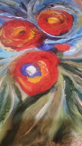 Abstract Floral Wool & Silk Wall Art – Red Bloom Painting, Textured Fiber Statement Piece