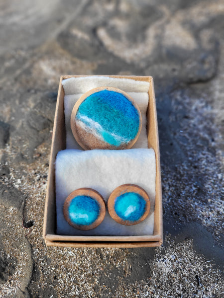 Ocean Landscape in Miniature – Needle Felted Earrings & Brooch. Merino wool on Wooden Base
