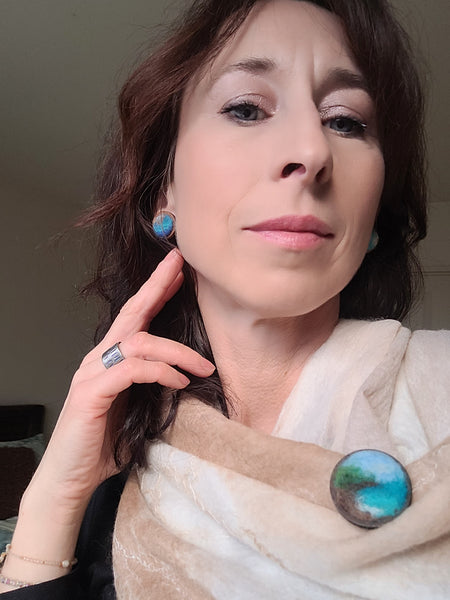 Ocean Landscape in Miniature Needle Felted Brooch – Merino Wool on Wooden Base.