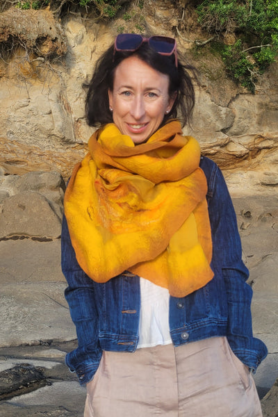 Golden Mustard Shawl – Silk & Merino Wool Wrap, Honey Gold Evening Shawl, Artistic Scarf for Autumn, Spring & Summer