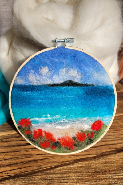 Wool Painting - Needle Felting, Rangitoto and Pohutukawa Bloom Landscape Collection