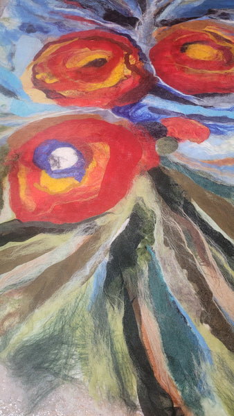 Abstract Floral Wool & Silk Wall Art – Red Bloom Painting, Textured Fiber Statement Piece