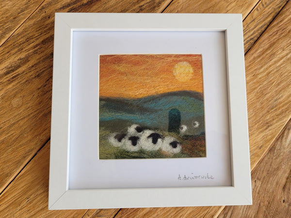 Needle-Felted NZ Landscape - Sheep at Sunset (Framed Art)