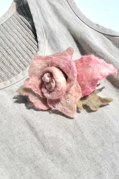 Vintage Rose Brooch – Merino Wool & Silk Flower Pin • Soft Pink Art Brooch