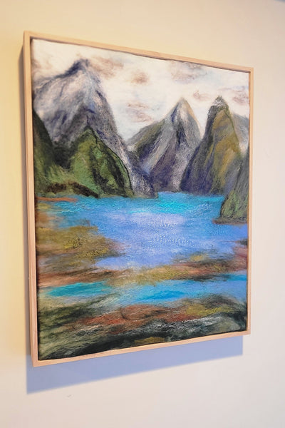 Milford Sound – Wool & Silk Fibre Art | Handmade New Zealand Landscape on Silk Canvas| size 51 x 41 cm!