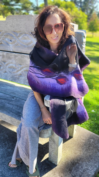 Nuno Felted Scarf - Elegant Purple Merino Wool Shawl | Handmade Silk Wrap