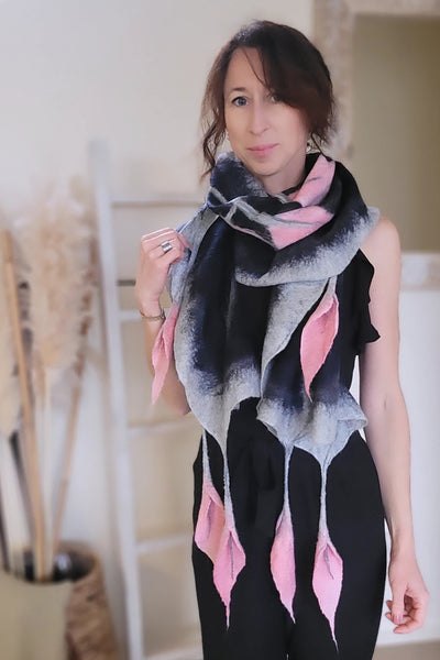 Handmade black silk and merino wool shawl with dusty rose calla lilies. Soft, lightweight nuno felted wearable art.