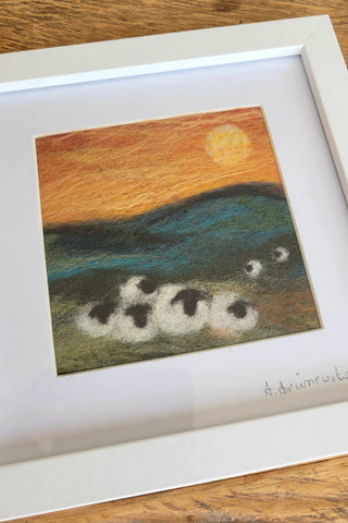 Needle-Felted NZ Landscape - Sheep at Sunset (Framed Art)