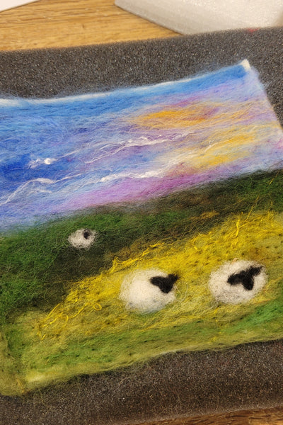 Needle-Felted Mini Landscape – Sheep in Fresh Meadow (Framed Art)