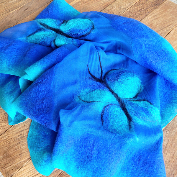 Sapphire Butterfly Scarf – Merino Wool Shawl on Natural Silk Chiffon