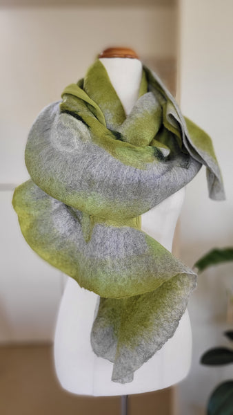 Pistachio Green Silk Shawl – Artistic Merino Wool Wrap on Pure Chiffon Silk, Elegant Lightweight Scarf for Spring Outfit