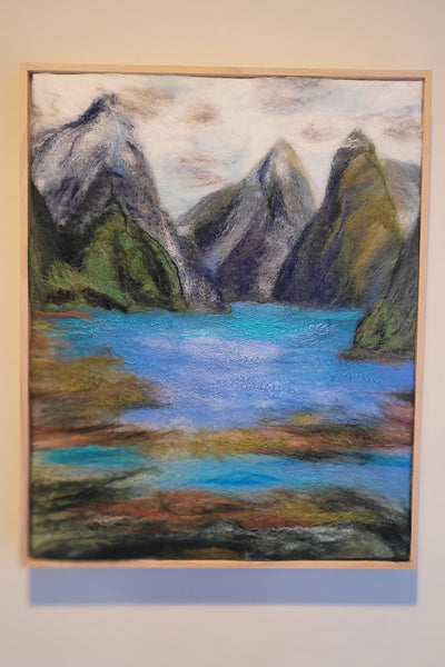 Milford Sound – Wool & Silk Fibre Art | Handmade New Zealand Landscape on Silk Canvas| size 51 x 41 cm!