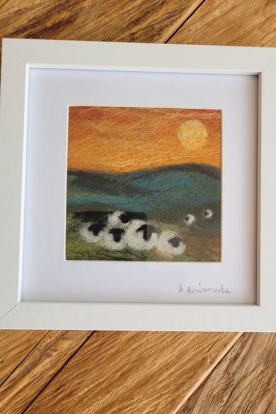 Needle-Felted NZ Landscape - Sheep at Sunset (Framed Art)