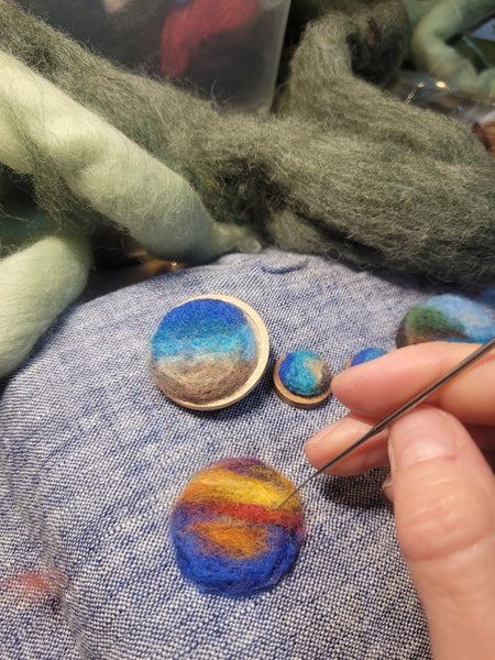 Ocean Landscape in Miniature – Needle Felted Earrings & Brooch. Merino wool on Wooden Base